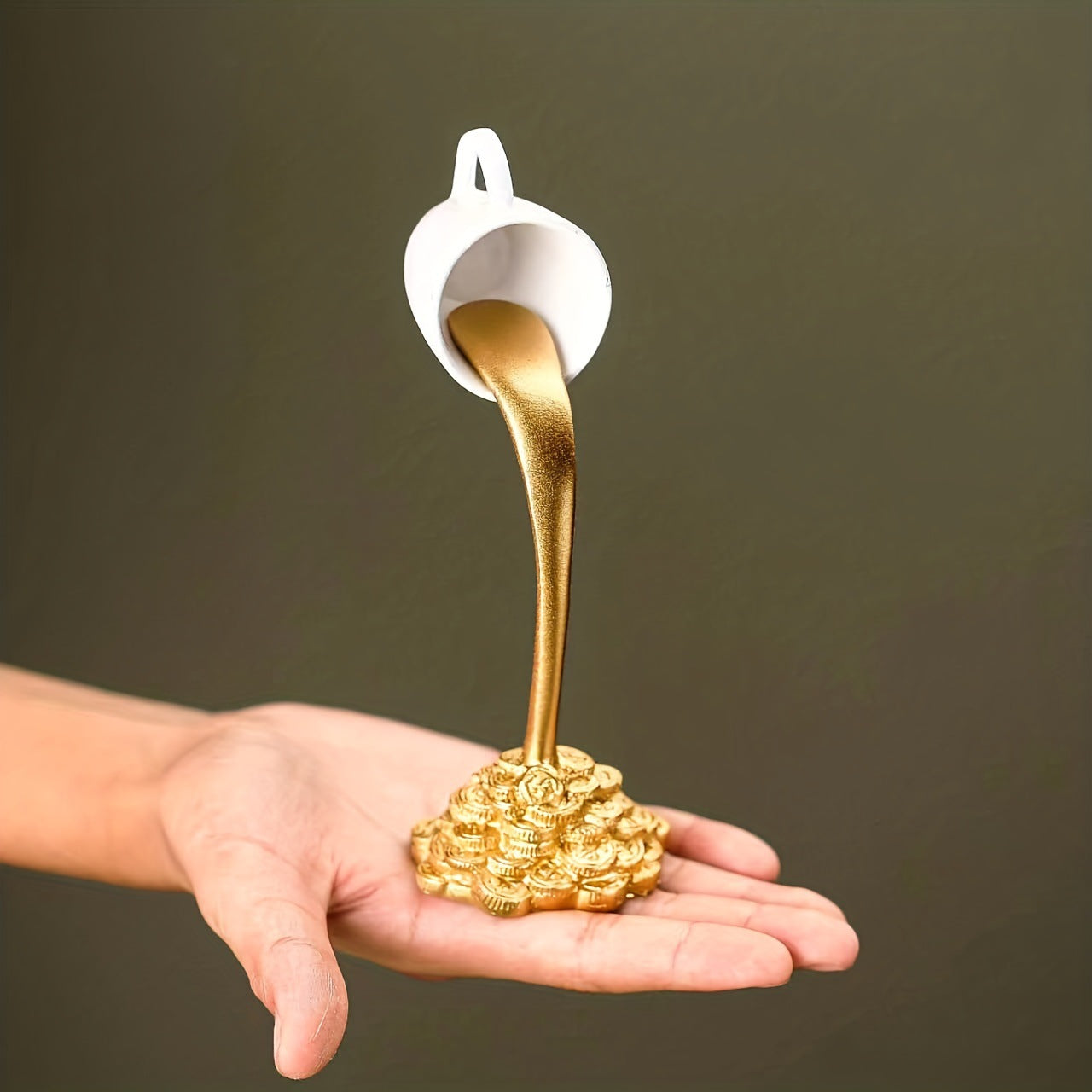 2 Pcs White Cup With Golden "Spill" And Base Magic Pouring Coffee Cup Sculpture - Unique Resin Tabletop Art Accent 4