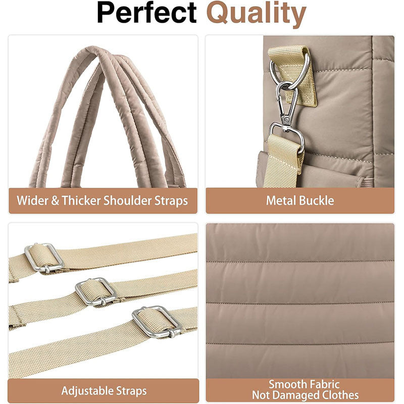 Khaki Stylish Quilted Nylon Tote Bag - Large Capacity Diaper Nappy Bag for Travel & Stroller with Adjustable Straps 3