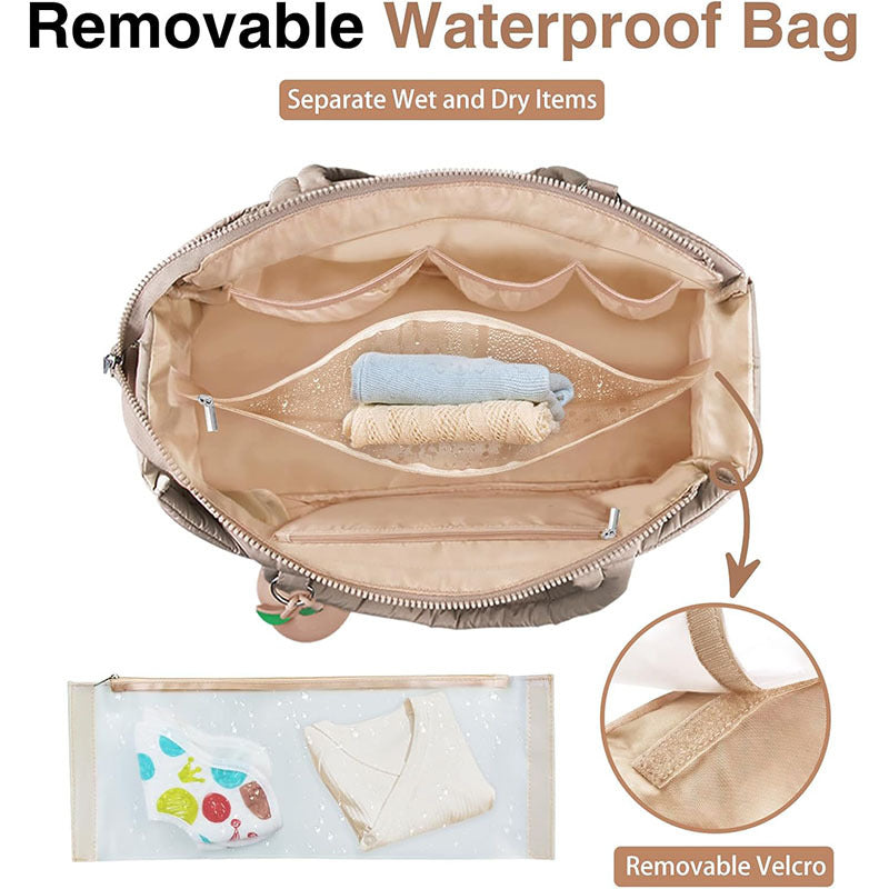 Khaki Stylish Quilted Nylon Tote Bag - Large Capacity Diaper Nappy Bag for Travel & Stroller with Adjustable Straps 4