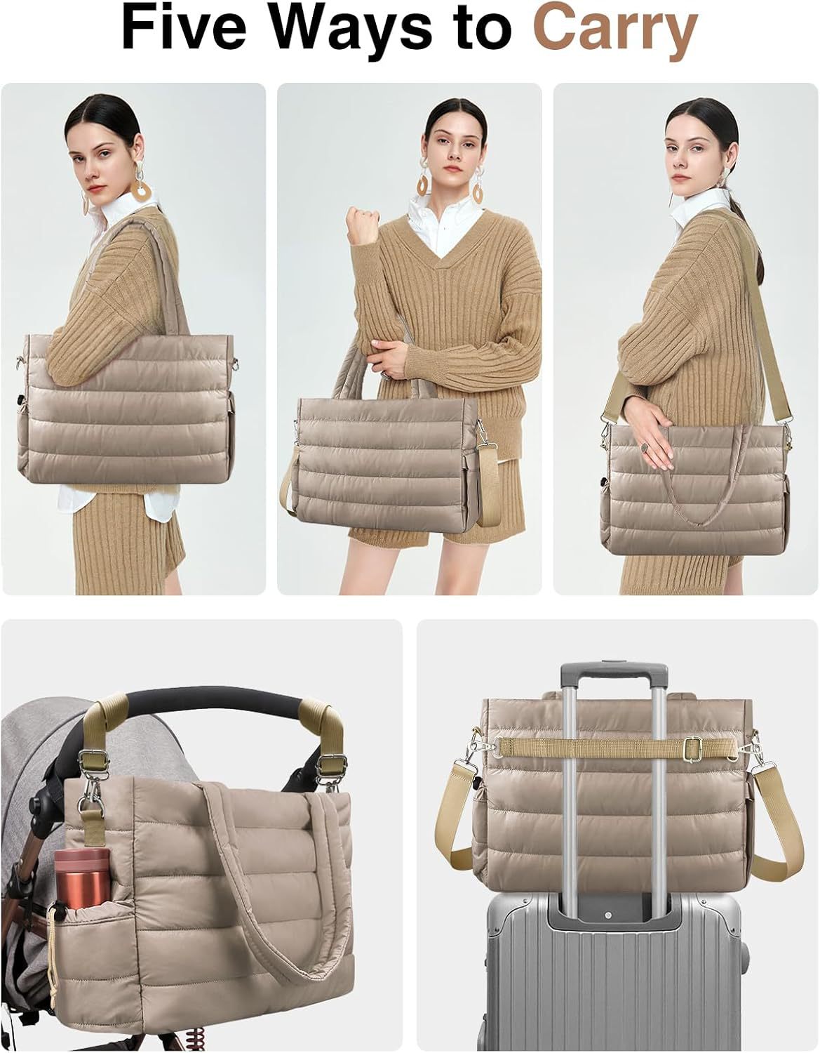 Khaki Stylish Quilted Nylon Tote Bag - Large Capacity Diaper Nappy Bag for Travel & Stroller with Adjustable Straps 5
