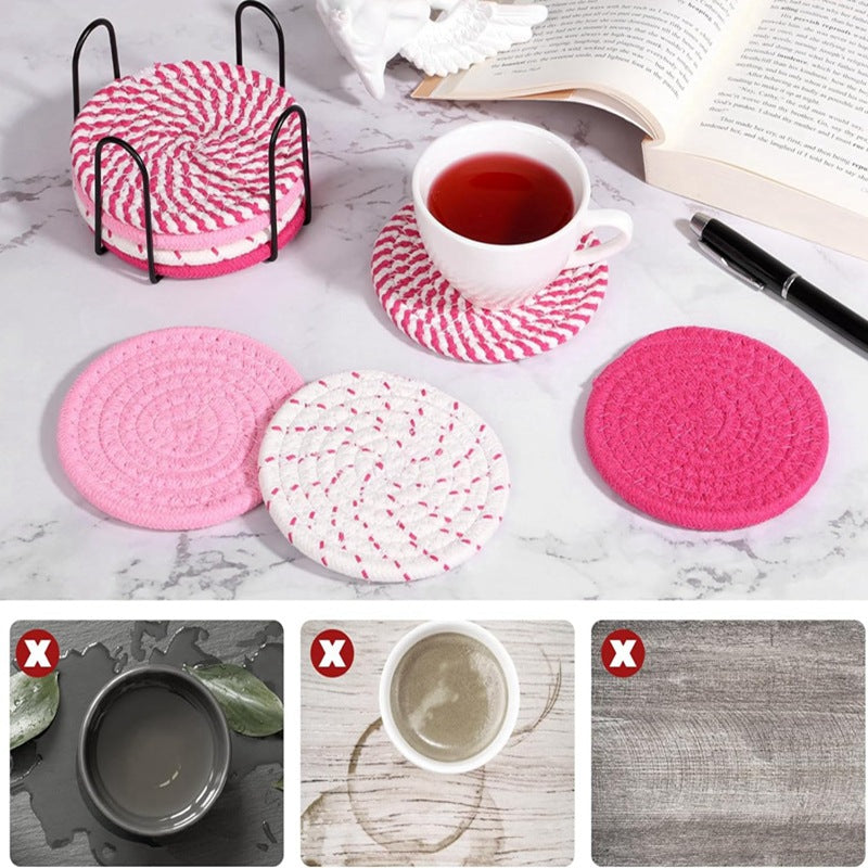 Beige and Khaki Absorbent Woven Cotton Coasters - Set of 8 with Metal Holder - Heat Resistant Drink Mats for Table Protection 4