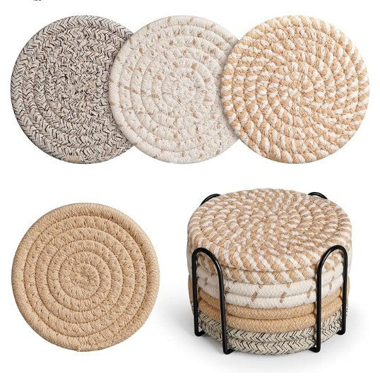 Khaki Absorbent Woven Cotton Coasters - Set of 8 with Metal Holder - Heat Resistant Drink Mats for Table Protection