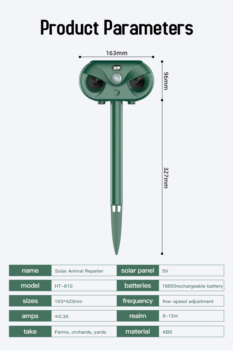 Black Advanced Solar Powered Ultrasonic Animal Repeller - Outdoor Pest Deterrent with Motion Sensor, Strobe Light & Laser 10