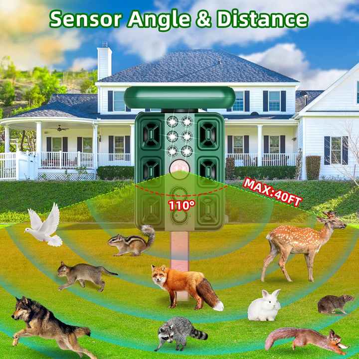 Green Solar Powered Ultrasonic Animal Repeller - Multi-Frequency Pest Deterrent with Motion Sensor, LED Strobe & Illumination Light 3