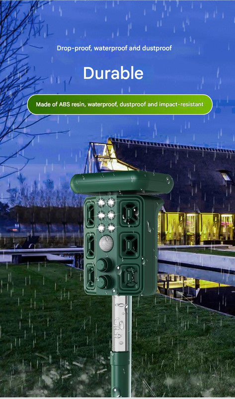 Green Solar Powered Ultrasonic Animal Repeller - Multi-Frequency Pest Deterrent with Motion Sensor, LED Strobe & Illumination Light 5