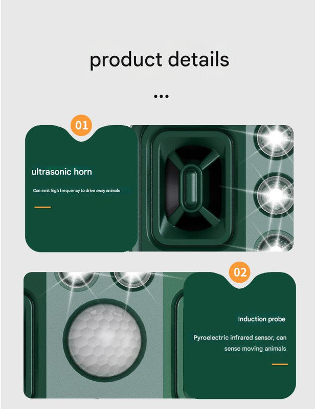Green Solar Powered Ultrasonic Animal Repeller - Multi-Frequency Pest Deterrent with Motion Sensor, LED Strobe & Illumination Light 7