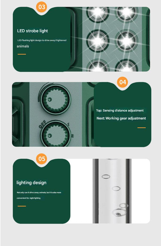 Green Solar Powered Ultrasonic Animal Repeller - Multi-Frequency Pest Deterrent with Motion Sensor, LED Strobe & Illumination Light 8