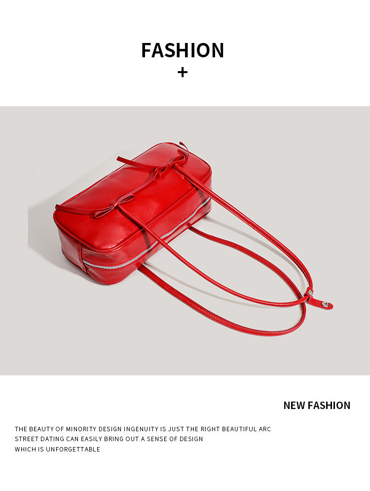 Red Chic PU Leather Baguette Shoulder Bag - Elegant Bow Accent Underarm Handbag for Women 3