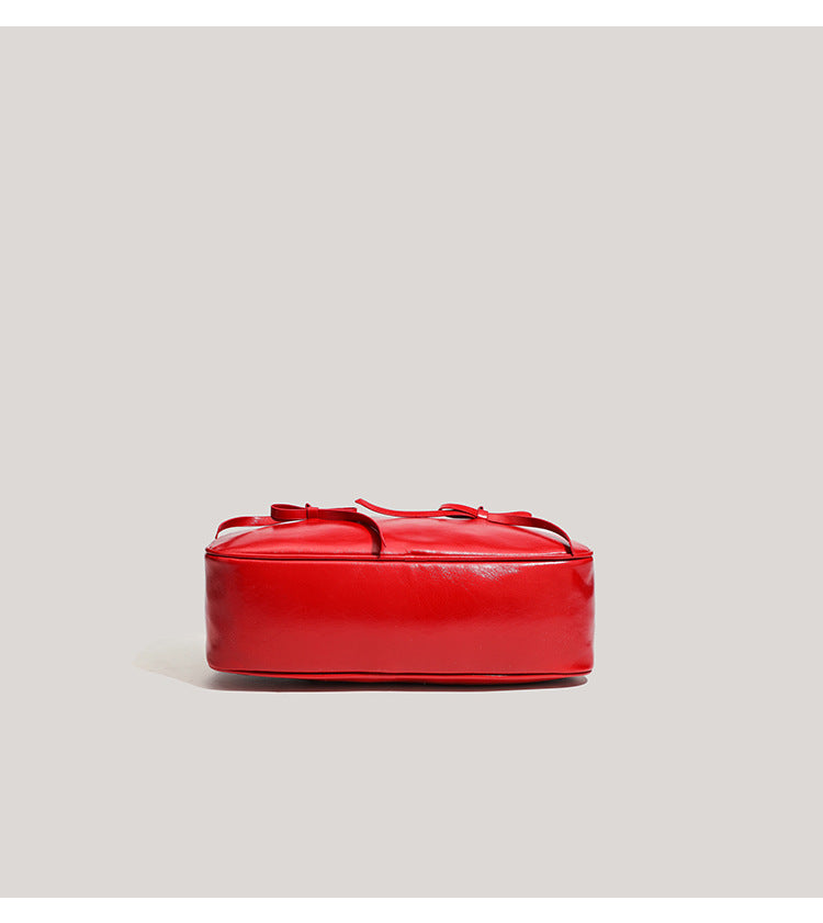 Red Chic PU Leather Baguette Shoulder Bag - Elegant Bow Accent Underarm Handbag for Women 7