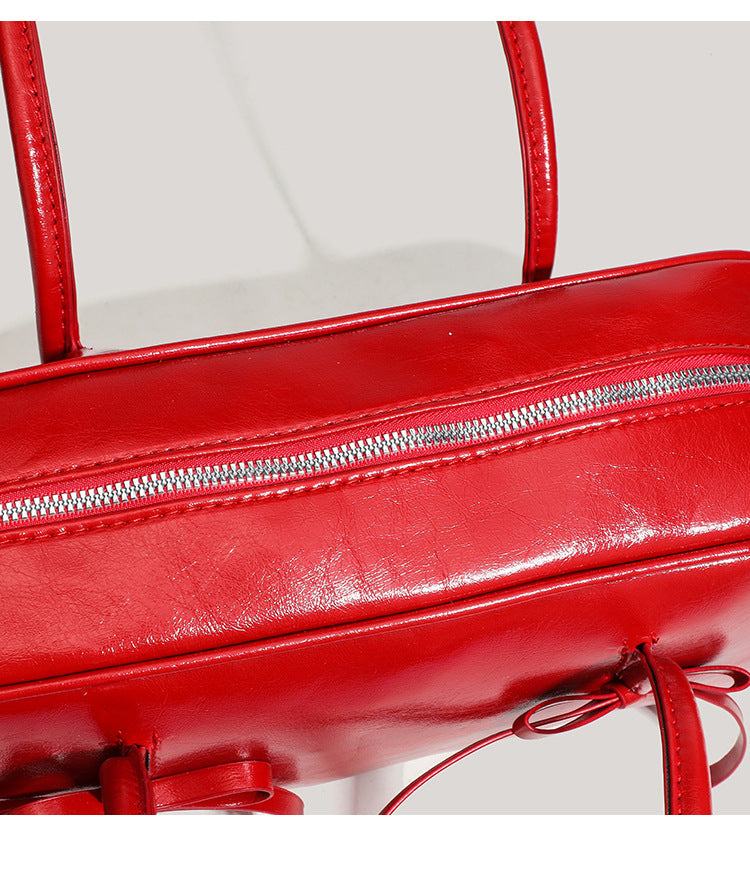 Red Chic PU Leather Baguette Shoulder Bag - Elegant Bow Accent Underarm Handbag for Women 9