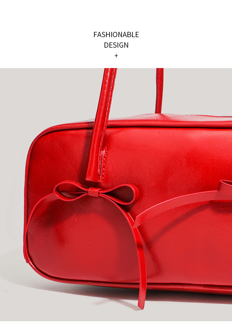 Black Chic PU Leather Baguette Shoulder Bag - Elegant Bow Accent Underarm Handbag for Women 4