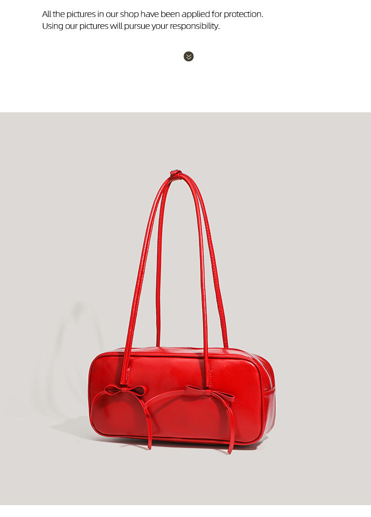 Black Chic PU Leather Baguette Shoulder Bag - Elegant Bow Accent Underarm Handbag for Women 5