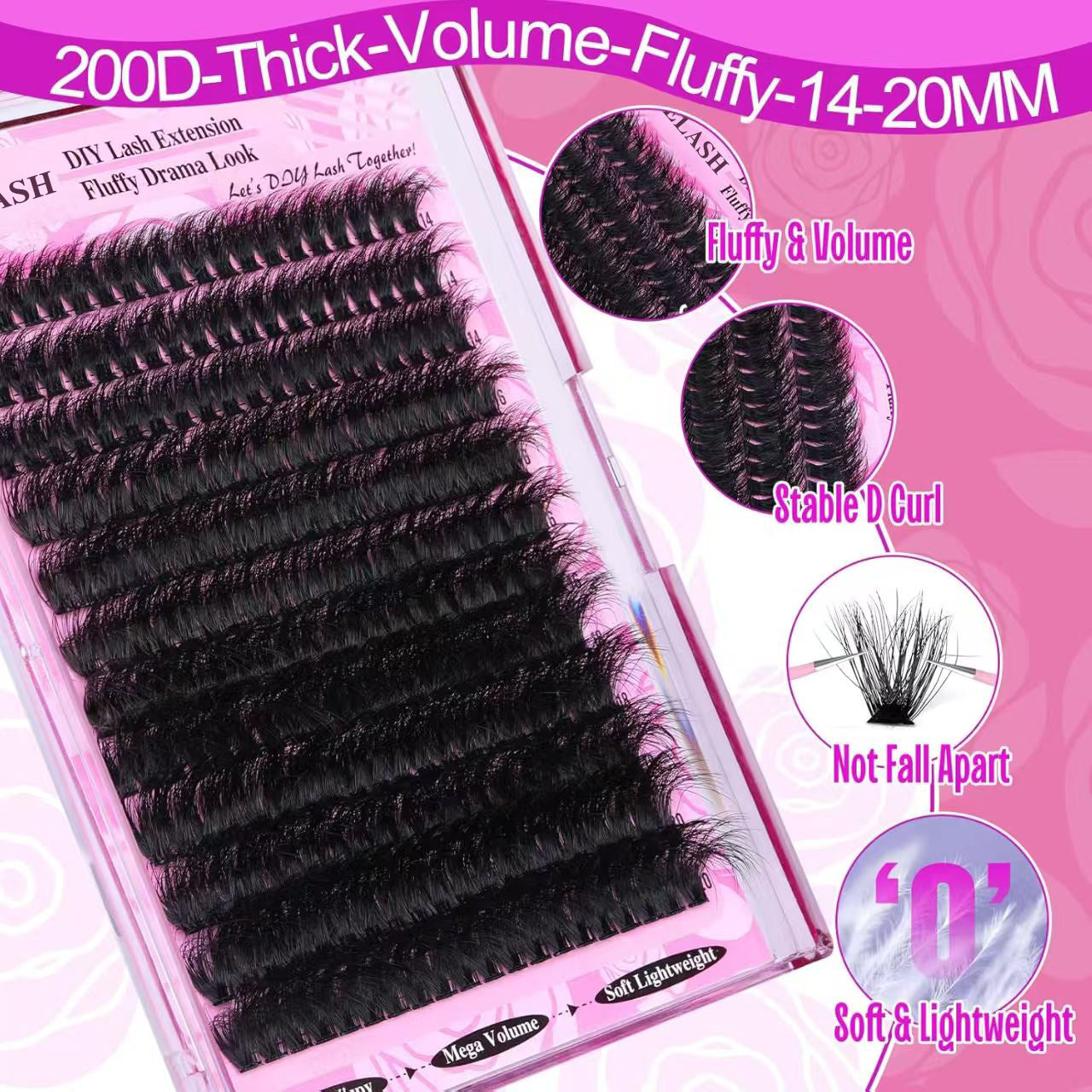 3 Pcs Black Mega Volume 200D DIY Lash Clusters - D Curl Faux Mink, Fluffy Drama Look, Mixed Lengths (14-20mm) for Custom Extensions