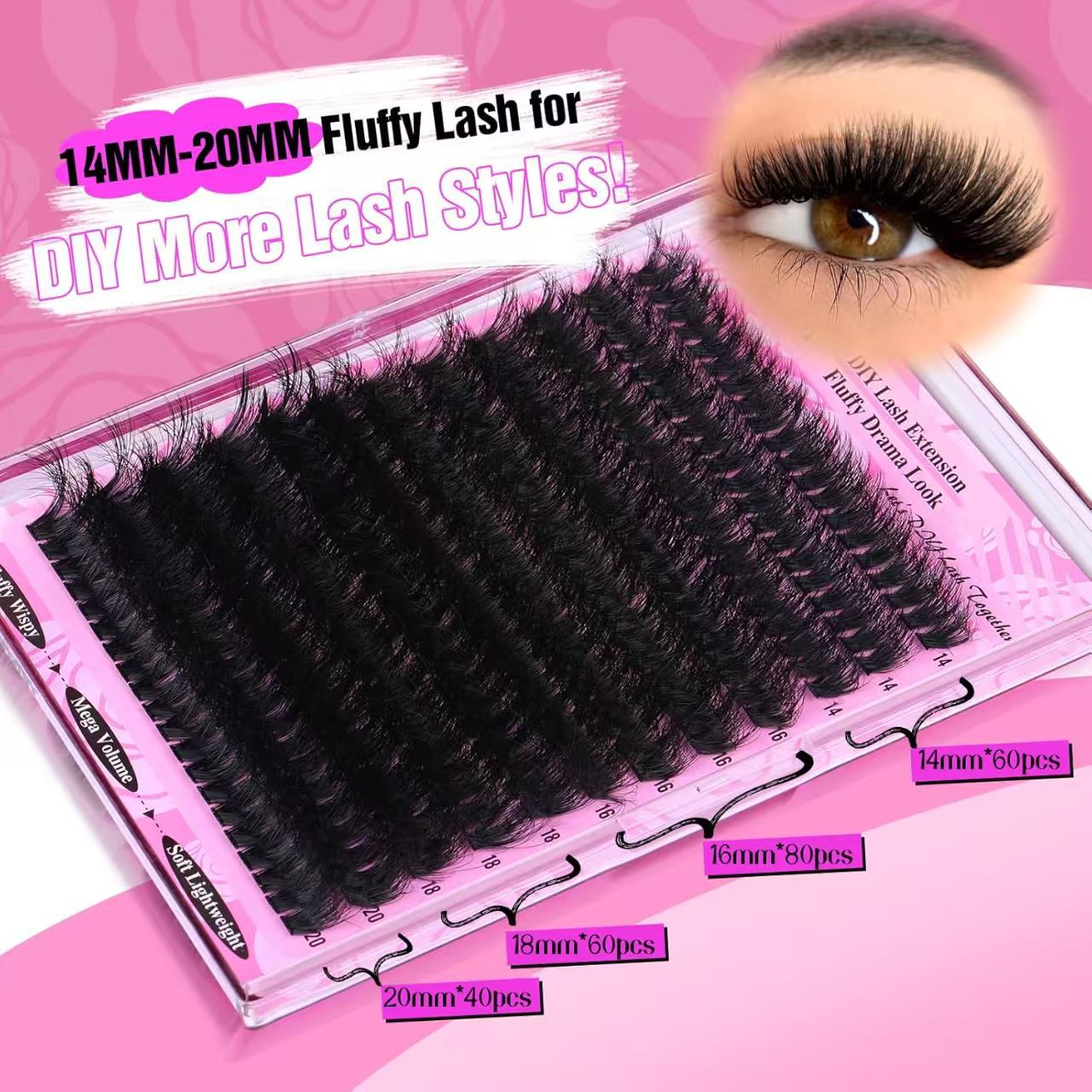 3 Pcs Black Mega Volume 200D DIY Lash Clusters - D Curl Faux Mink, Fluffy Drama Look, Mixed Lengths (14-20mm) for Custom Extensions 3