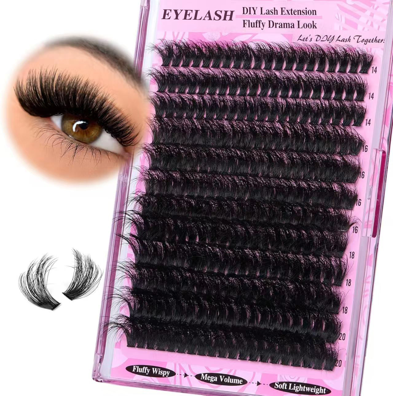 3 Pcs Black Mega Volume 200D DIY Lash Clusters - D Curl Faux Mink, Fluffy Drama Look, Mixed Lengths (14-20mm) for Custom Extensions 4