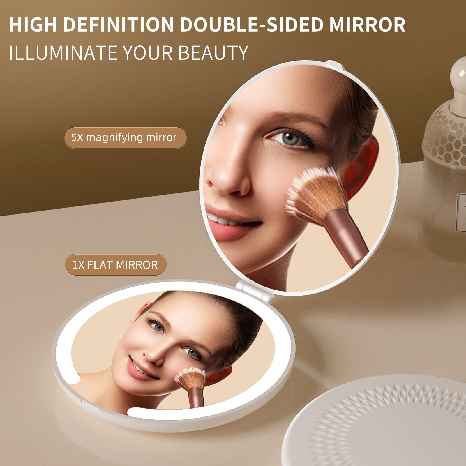 Yellow LED Travel Makeup Mirror - Rechargeable Compact Mirror with 3 Color Lights, 1x/5x Magnification & Smart Auto On/Off 3