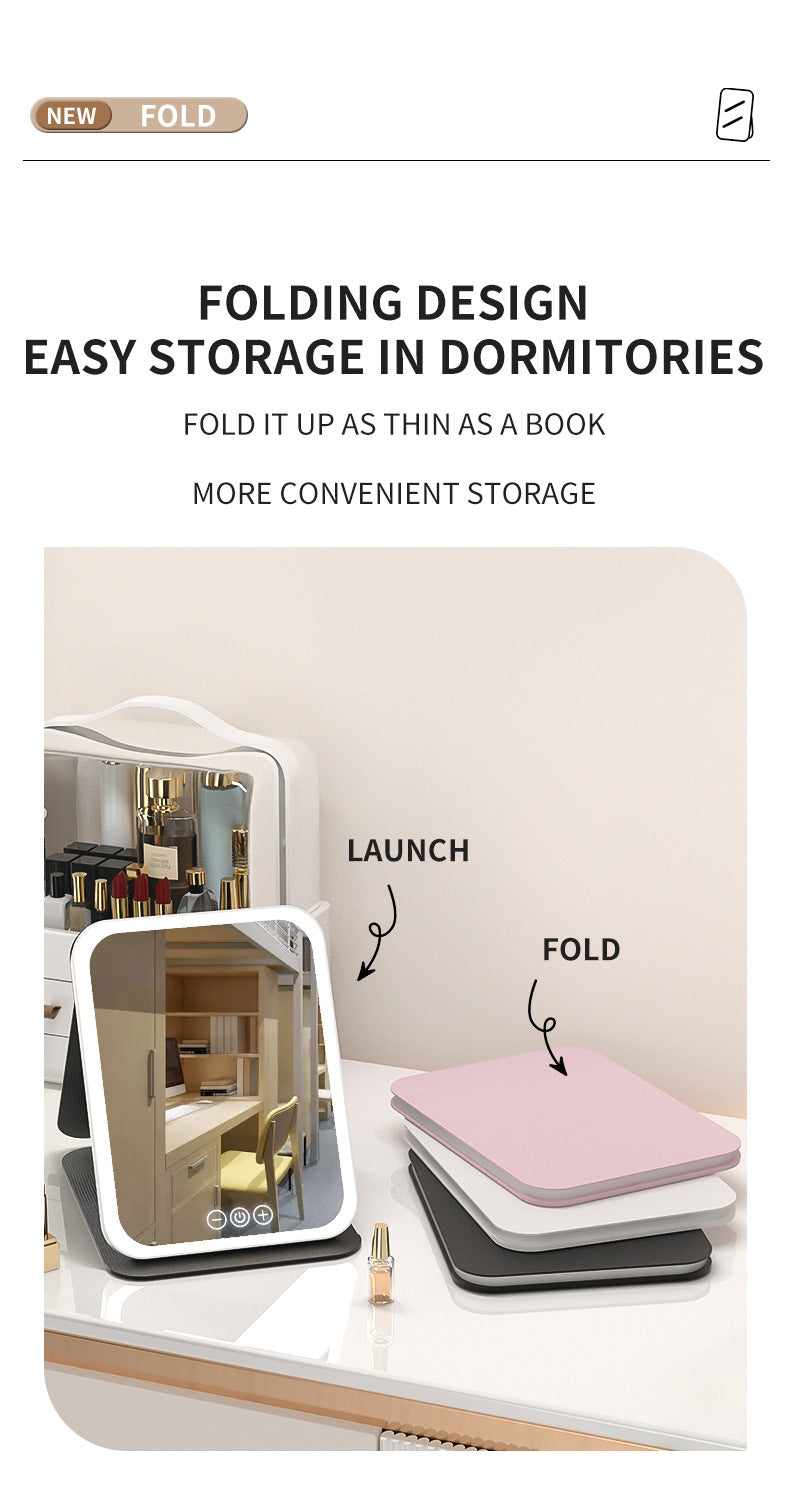 Black Large Foldable LED Makeup Mirror - Portable Desktop Vanity with 3 Color Lights, Stepless Dimming & Adjustable Stand 8