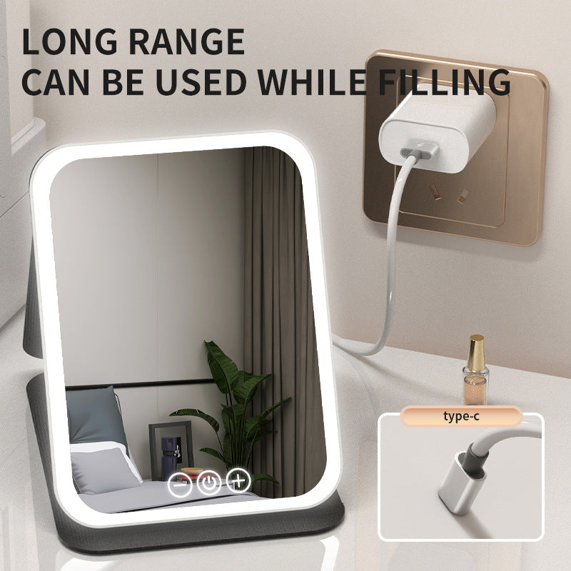 White Small Foldable LED Makeup Mirror - Portable Desktop Vanity with 3 Color Lights, Stepless Dimming & Adjustable Stand 3