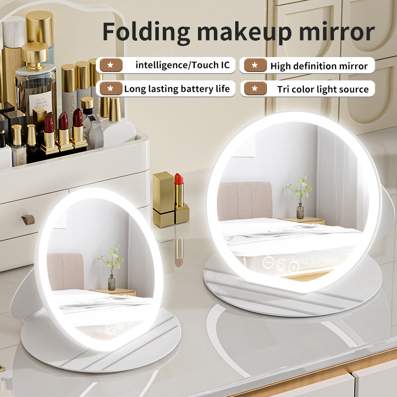 Black Large Round Foldable LED Makeup Mirror - 22cm Desktop Vanity with 3 Color Lights & Stepless Dimming 3