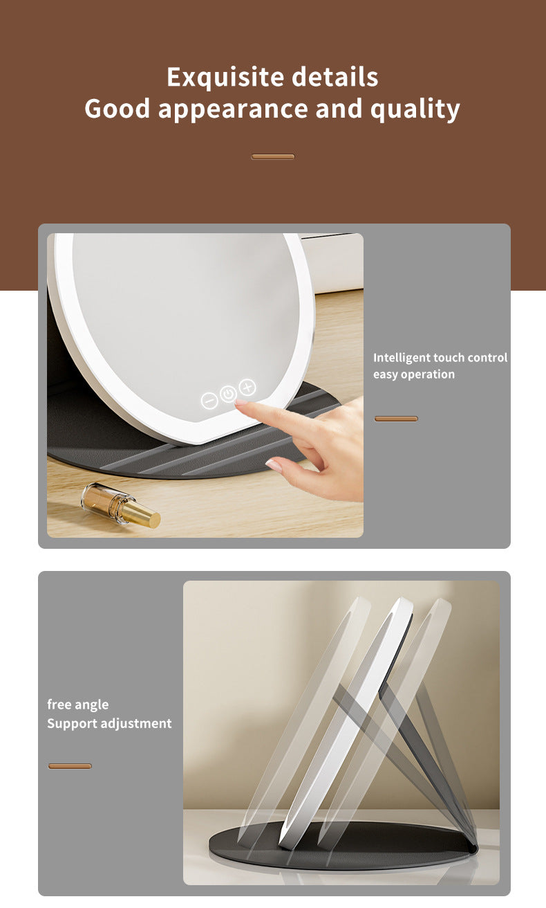 Black Large Round Foldable LED Makeup Mirror - 22cm Desktop Vanity with 3 Color Lights & Stepless Dimming 7