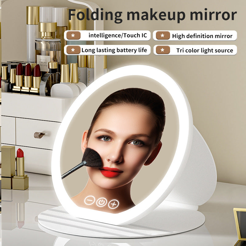 White Large Round Foldable LED Makeup Mirror - 22cm Desktop Vanity with 3 Color Lights & Stepless Dimming