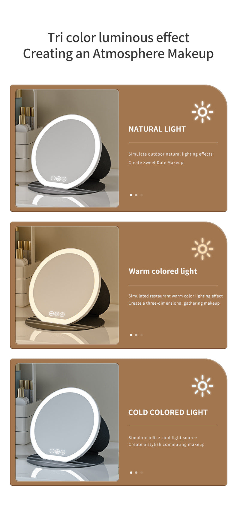 White Large Round Foldable LED Makeup Mirror - 22cm Desktop Vanity with 3 Color Lights & Stepless Dimming 6