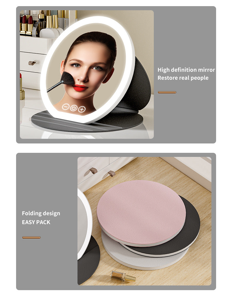 Pink Small Round Foldable LED Makeup Mirror - 18.5cm Desktop Vanity with 3 Color Lights & Stepless Dimming 8