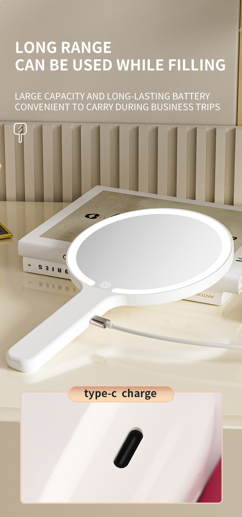 White Square Portable Handheld LED Makeup Mirror - USB-C Rechargeable with 3 Color Light Modes for On-The-Go Touch-Ups 7