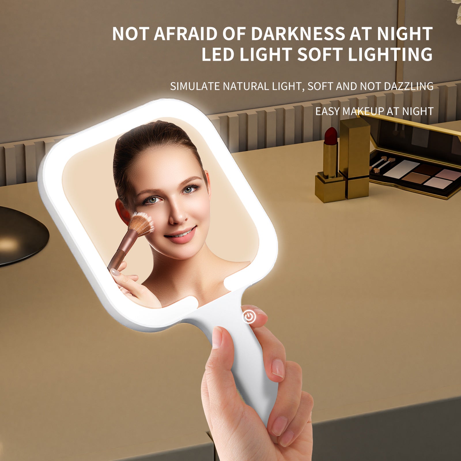Light Yellow Round Portable Handheld LED Makeup Mirror - USB-C Rechargeable with 3 Color Light Modes for On-The-Go Touch-Ups 3