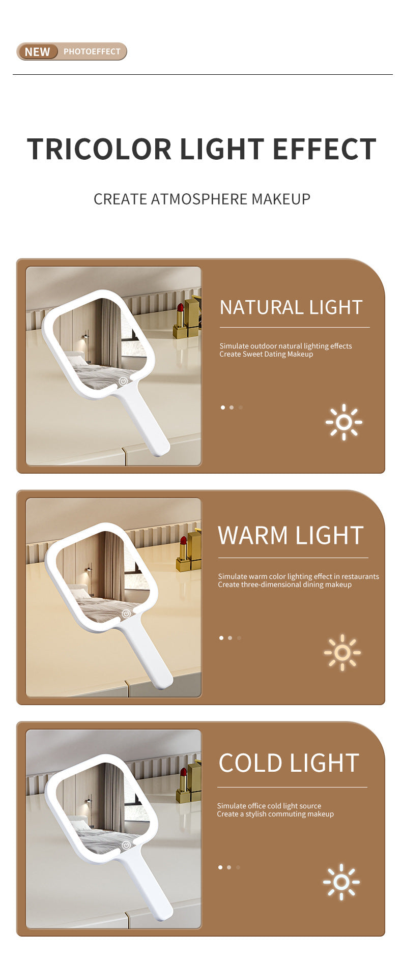 White Round Portable Handheld LED Makeup Mirror - USB-C Rechargeable with 3 Color Light Modes for On-The-Go Touch-Ups 5