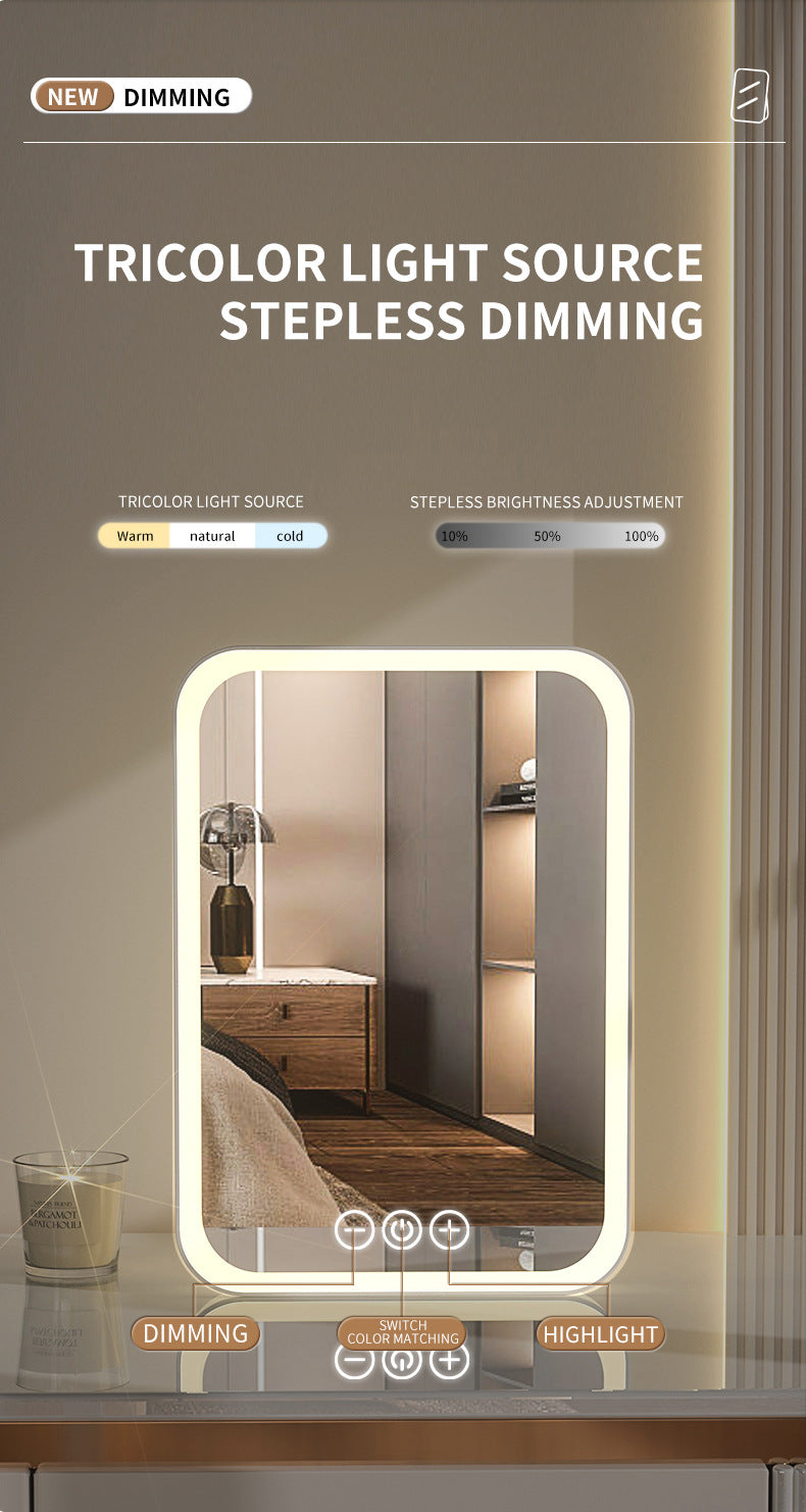 White Professional LED Vanity Mirror - 3 Color Lights, Stepless Dimming & Adjustable Rotating Stand, USB-C Rechargeable 3