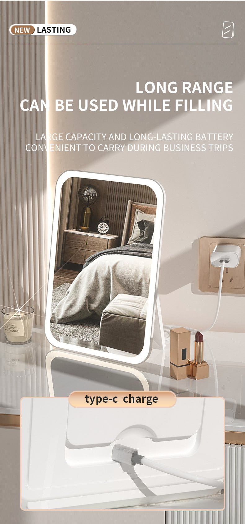 White Professional LED Vanity Mirror - 3 Color Lights, Stepless Dimming & Adjustable Rotating Stand, USB-C Rechargeable 6