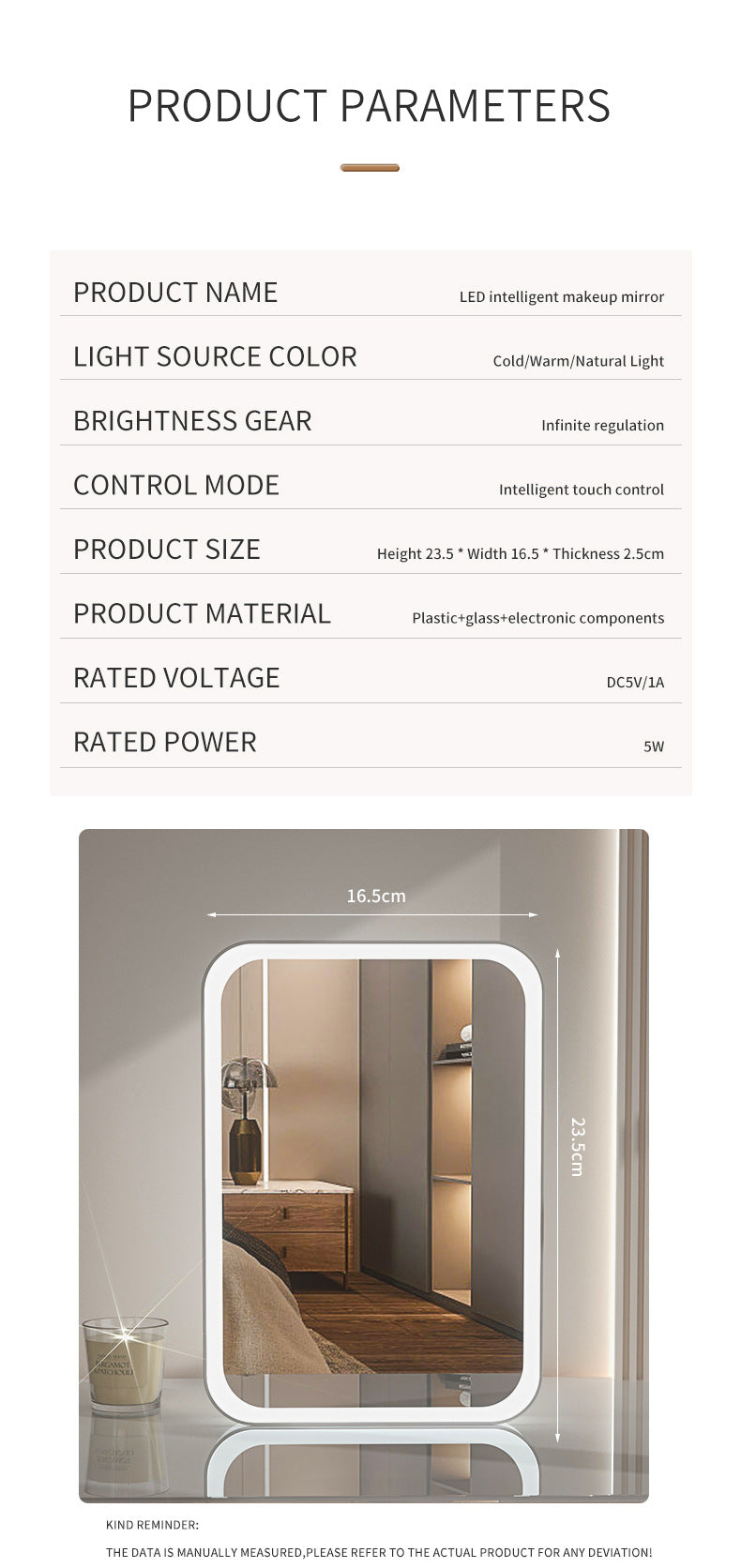 White Professional LED Vanity Mirror - 3 Color Lights, Stepless Dimming & Adjustable Rotating Stand, USB-C Rechargeable 8