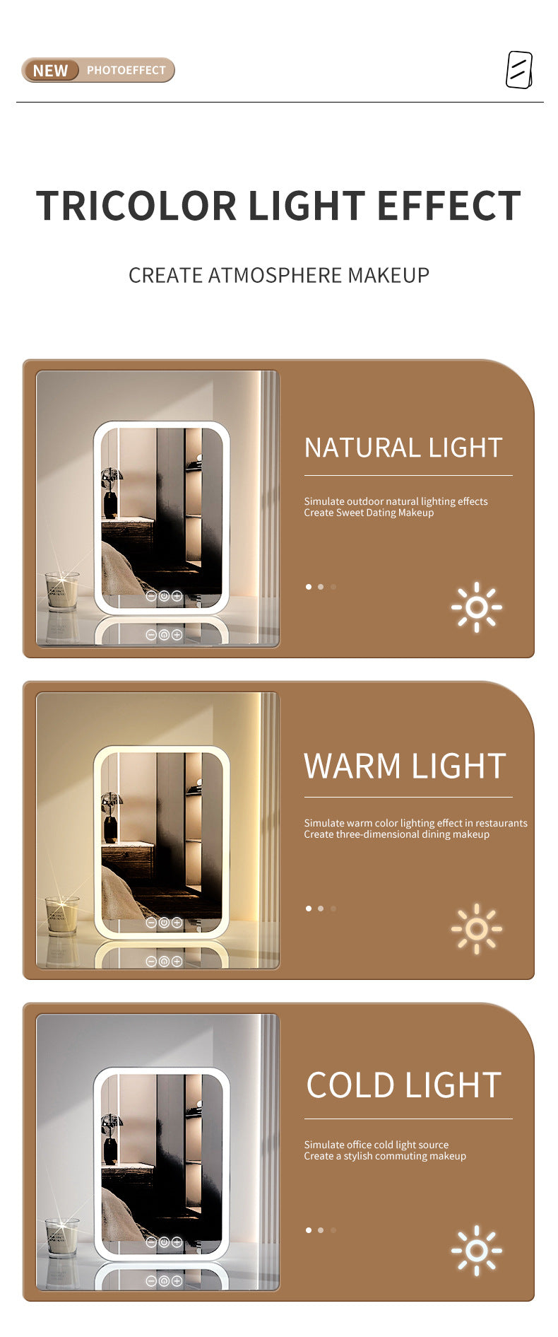 Pink Professional LED Vanity Mirror - 3 Color Lights, Stepless Dimming & Adjustable Rotating Stand, USB-C Rechargeable 4