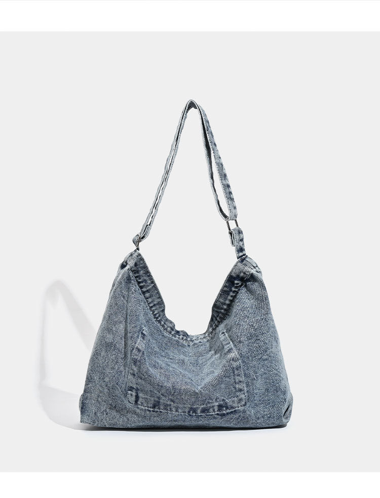 Blue Retro Washed Denim Hobo Bag - Large Capacity Shoulder & Crossbody Tote for Casual Everyday & Commute 7