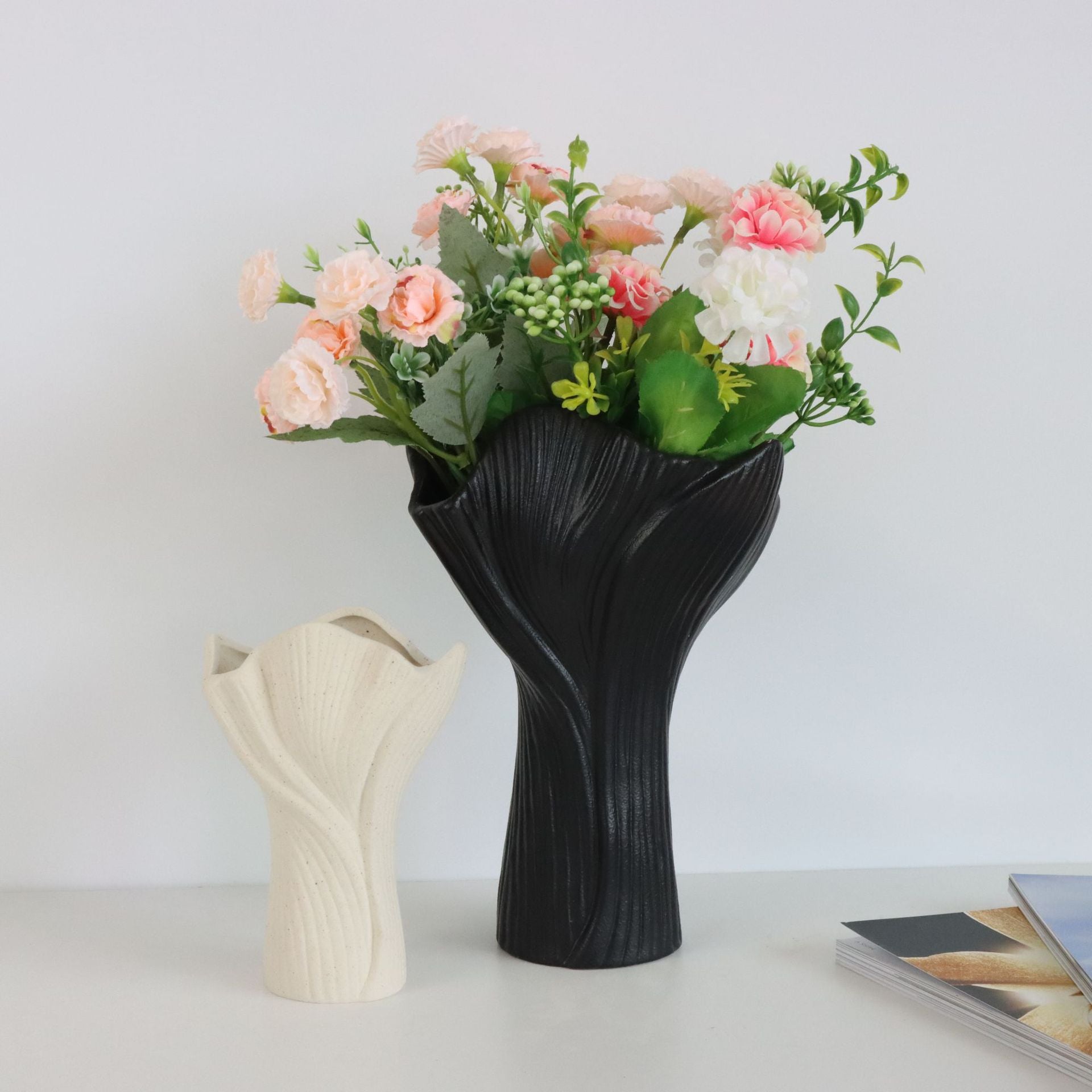 White Elegant Off-White Ceramic Vase - Modern Sculptural Flower Holder with Wide Fluted Opening 3