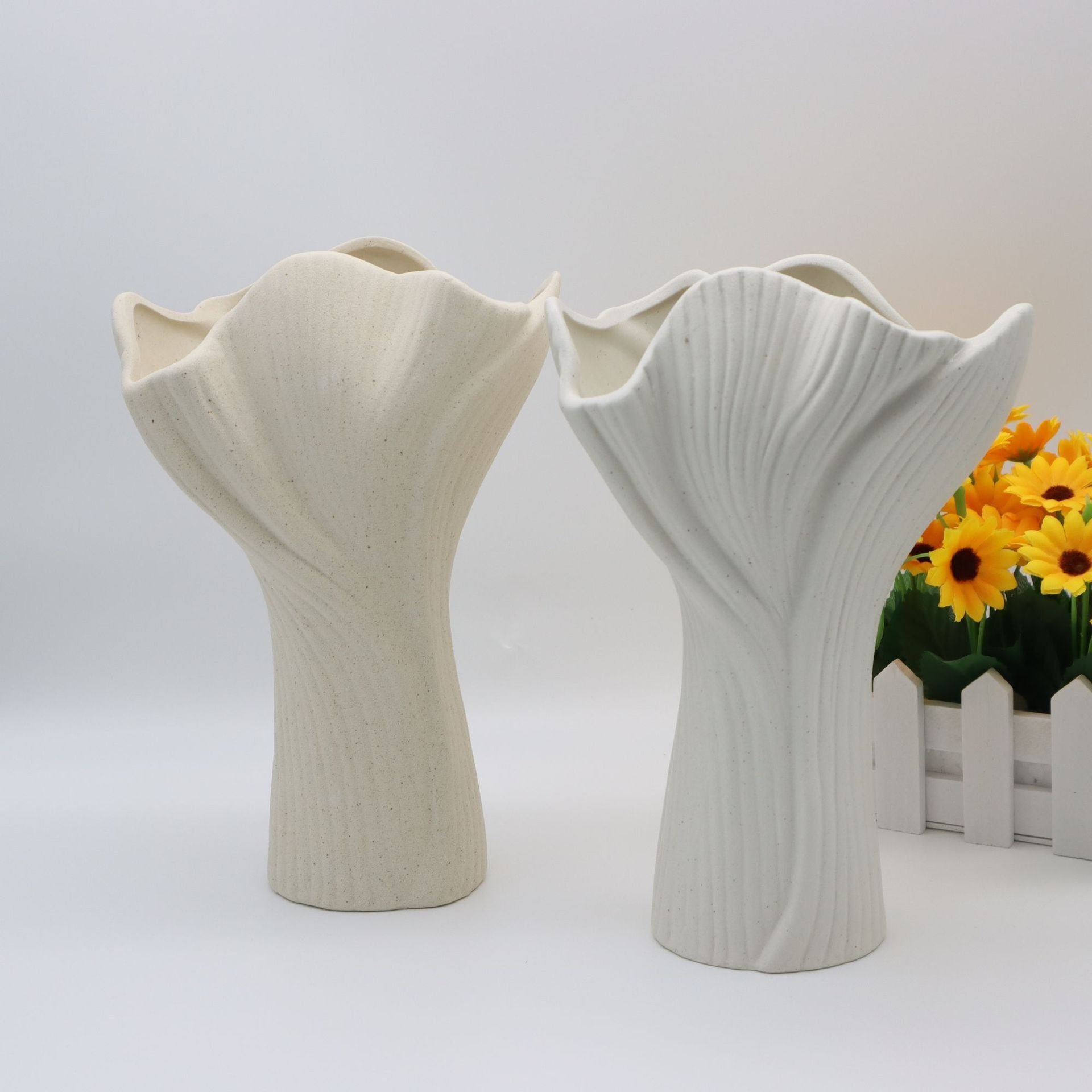 White Elegant Off-White Ceramic Vase - Modern Sculptural Flower Holder with Wide Fluted Opening 5