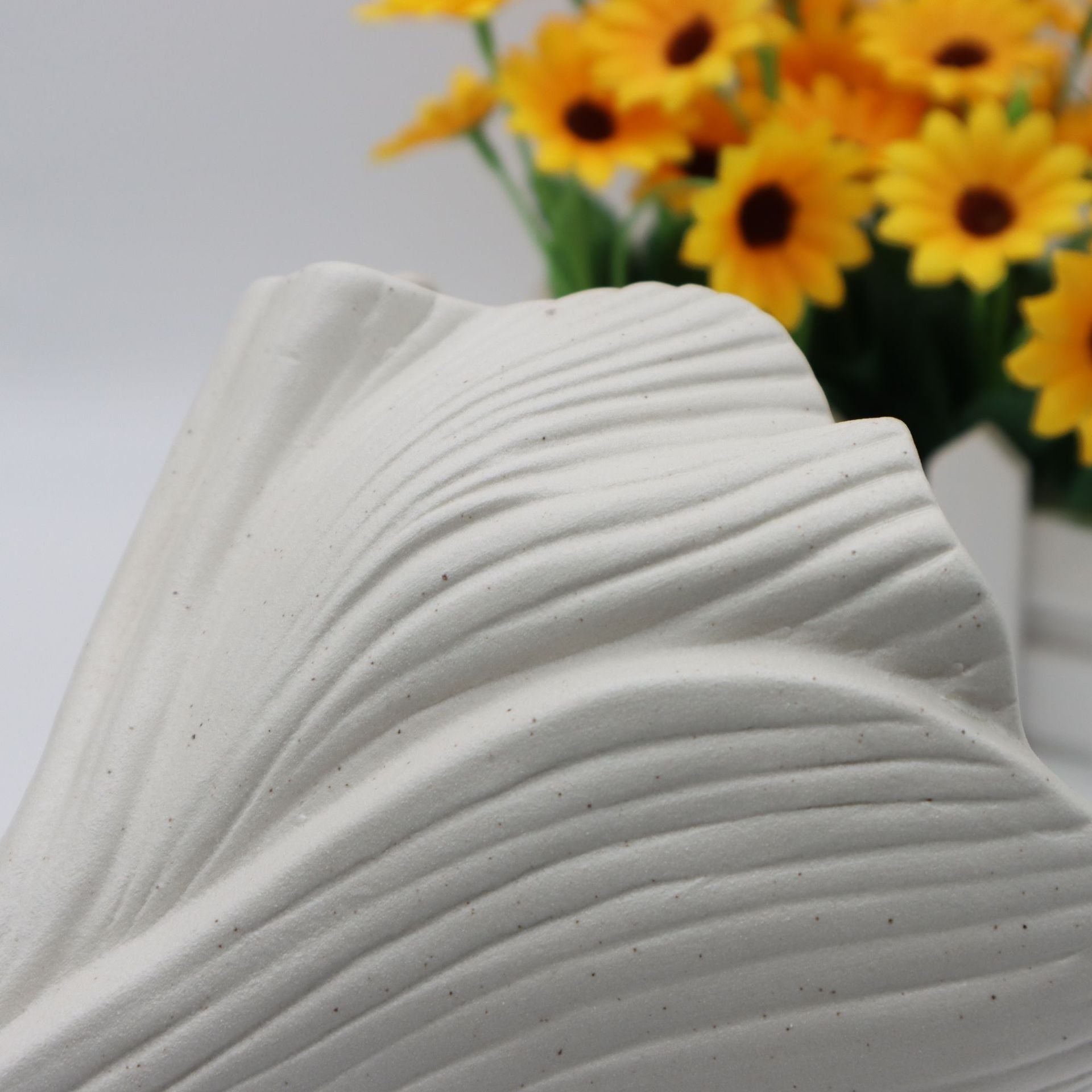 White Elegant Off-White Ceramic Vase - Modern Sculptural Flower Holder with Wide Fluted Opening 7