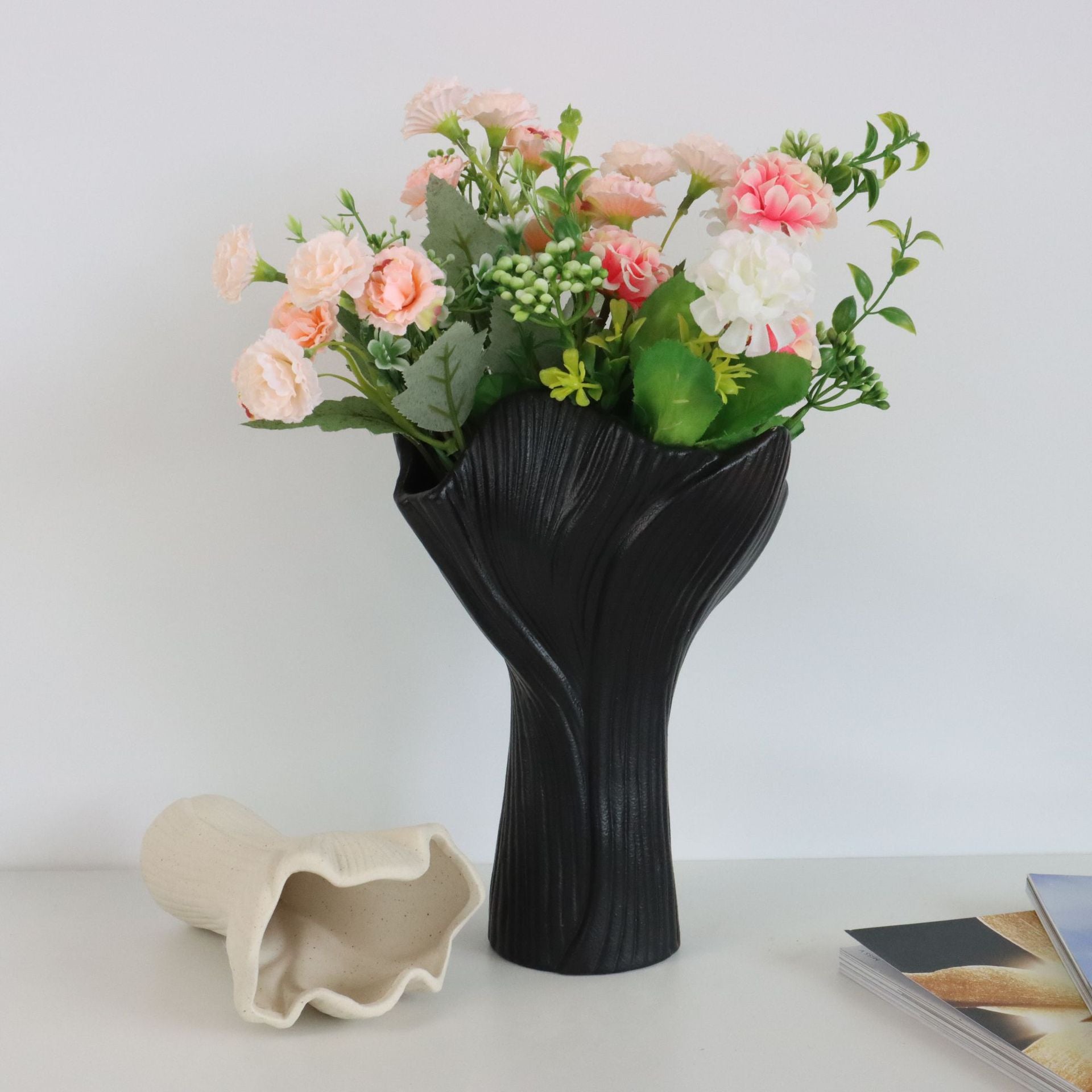 Beige Elegant Off-White Ceramic Vase - Modern Sculptural Flower Holder with Wide Fluted Opening 3