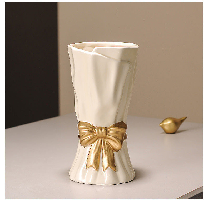 Beige Elegant Ceramic Vase with Golden Bow Accent - Textured Relief Flower Holder for Living Room & Dining Table Decor 4