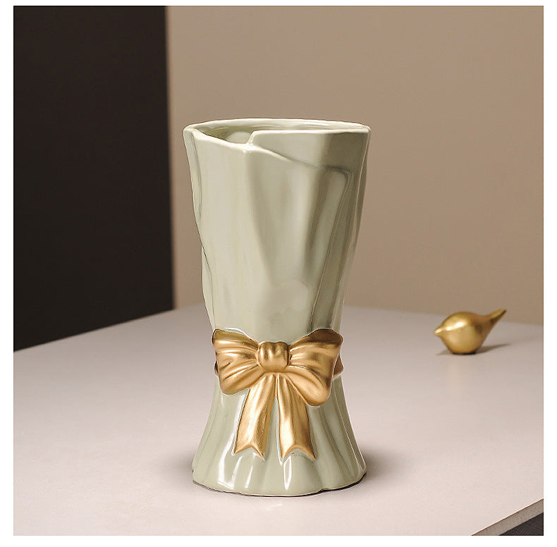 Beige Elegant Ceramic Vase with Golden Bow Accent - Textured Relief Flower Holder for Living Room & Dining Table Decor 5