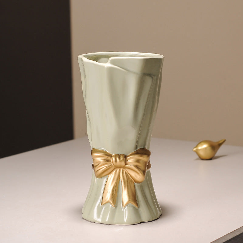 Green Elegant Ceramic Vase with Golden Bow Accent - Textured Relief Flower Holder for Living Room & Dining Table Decor