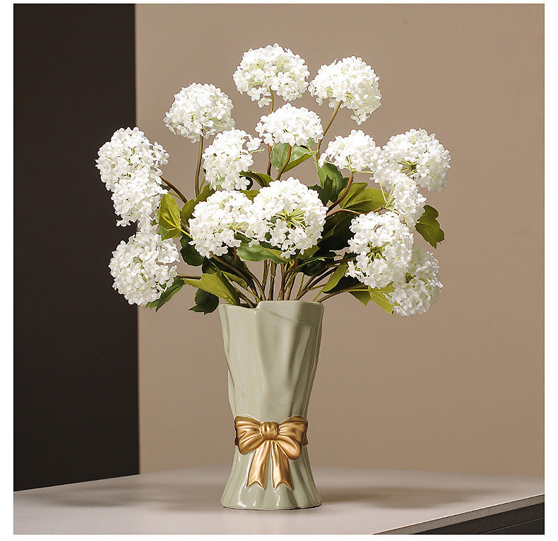 Green Elegant Ceramic Vase with Golden Bow Accent - Textured Relief Flower Holder for Living Room & Dining Table Decor 3
