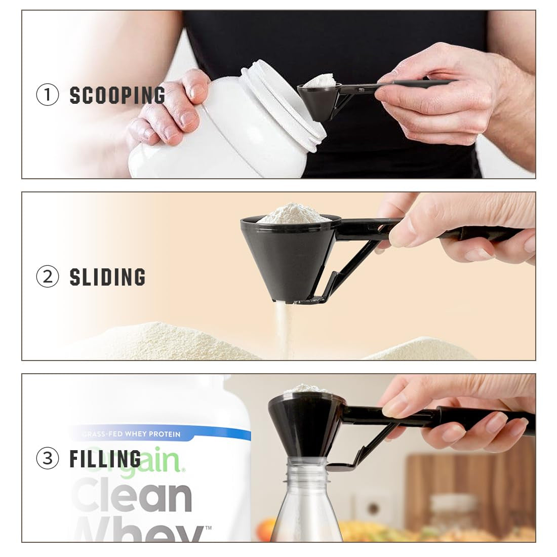 Black 2-Pack No-Spill Sliding Scoop & Funnel - Mess-Free for Protein Powder, Coffee, Formula 3