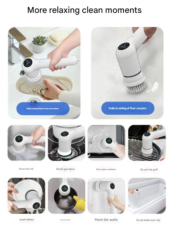 White Rechargeable Electric Spin Scrubber - Waterproof Power Cleaning Brush with 5 Heads & Digital Display for Bathroom, Kitchen & More 3