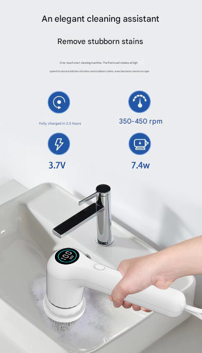 White Rechargeable Electric Spin Scrubber - Waterproof Power Cleaning Brush with 5 Heads & Digital Display for Bathroom, Kitchen & More 4