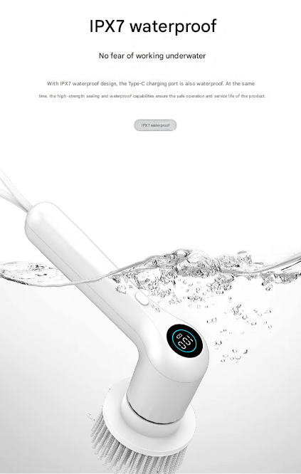 White Rechargeable Electric Spin Scrubber - Waterproof Power Cleaning Brush with 5 Heads & Digital Display for Bathroom, Kitchen & More 6