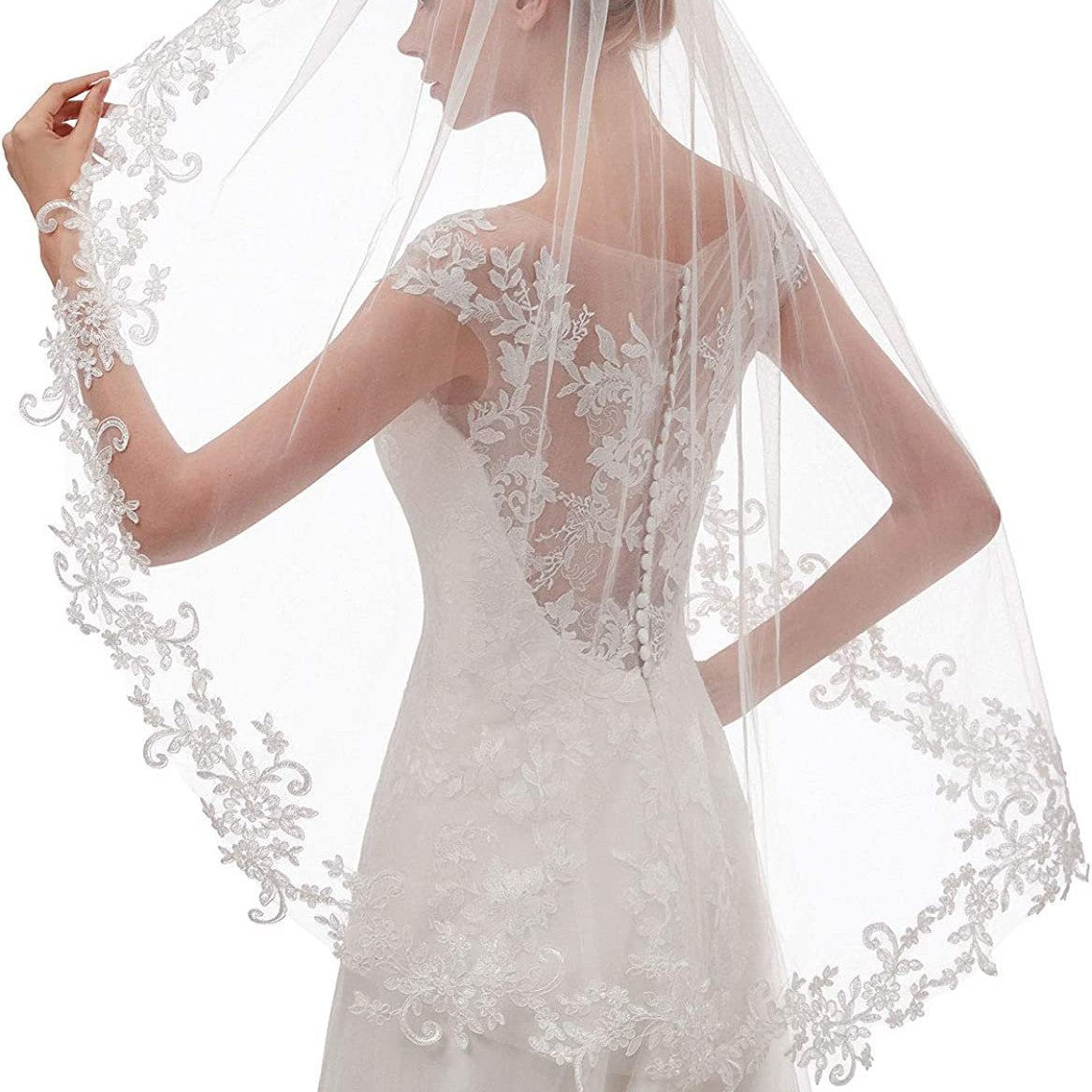 White Elegant Short Bridal Veil - Single Tier with Delicate Lace Applique Edge - Wedding Hair Accessory 3