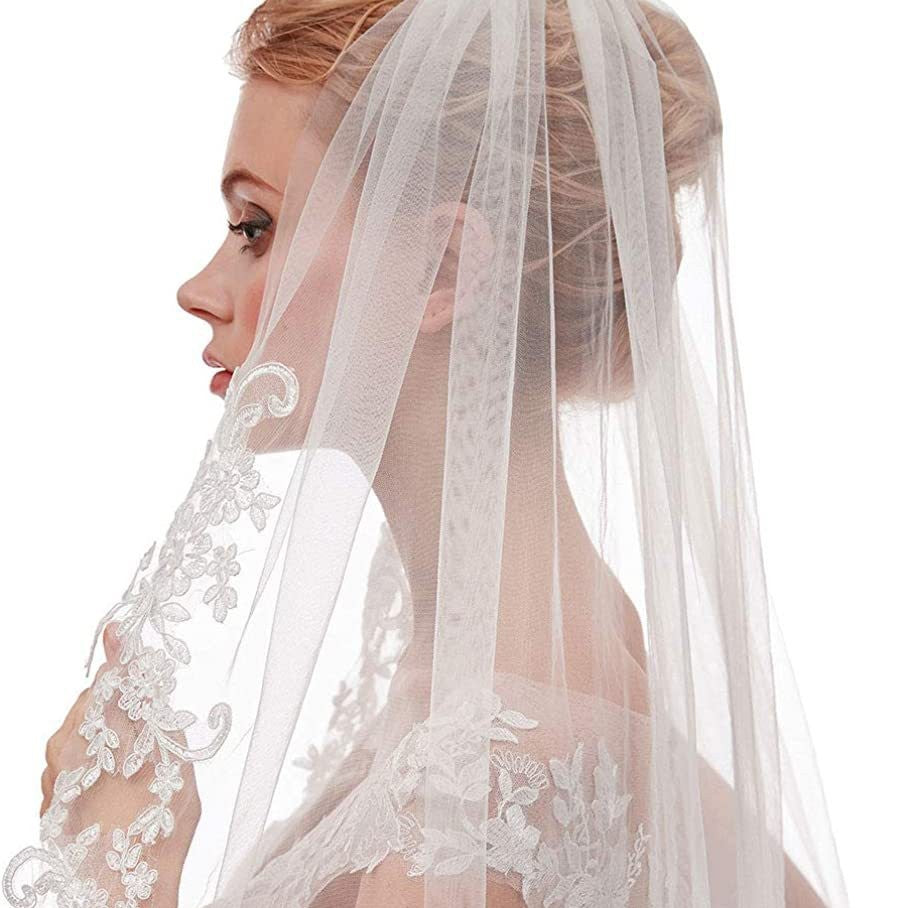 White Elegant Short Bridal Veil - Single Tier with Delicate Lace Applique Edge - Wedding Hair Accessory 4