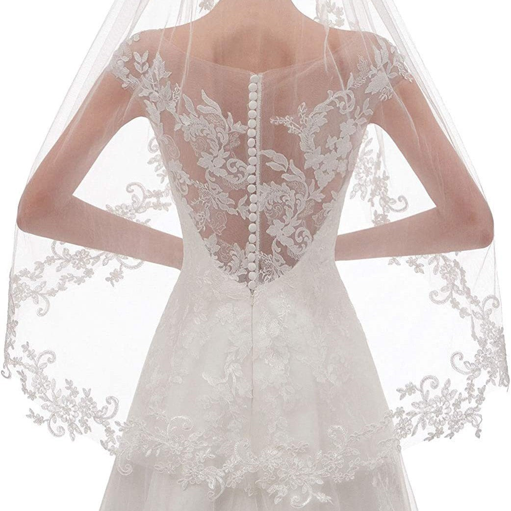 White Elegant Short Bridal Veil - Single Tier with Delicate Lace Applique Edge - Wedding Hair Accessory 5